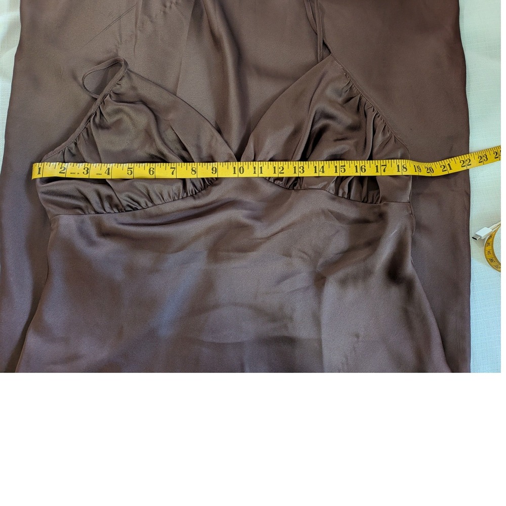 Abercrombie & Fitch Brown Satin Midi Slip Dress Ruched V-Neck Large - Picture 6 of 7